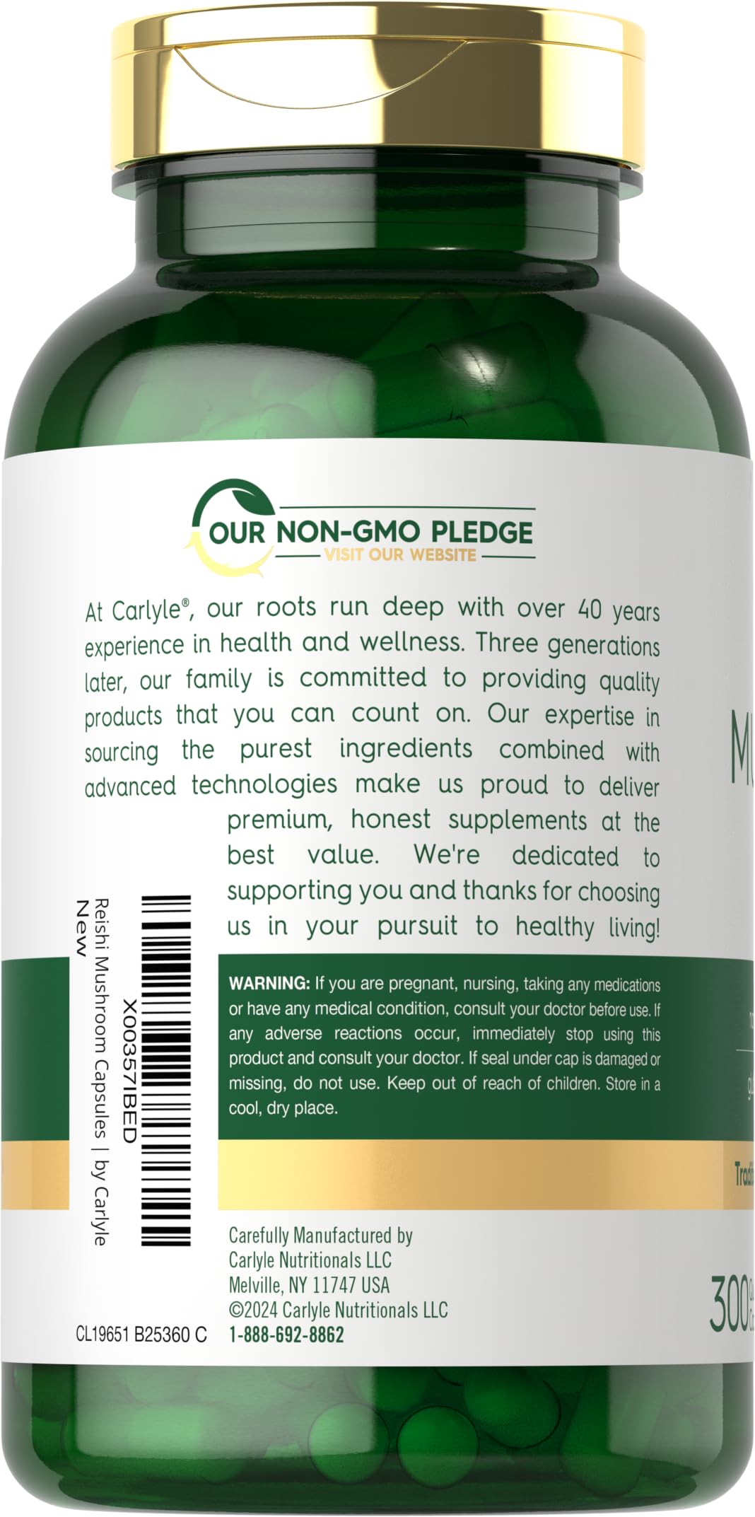 Gluten-free and Non-GMO Reishi Mushroom supplement label