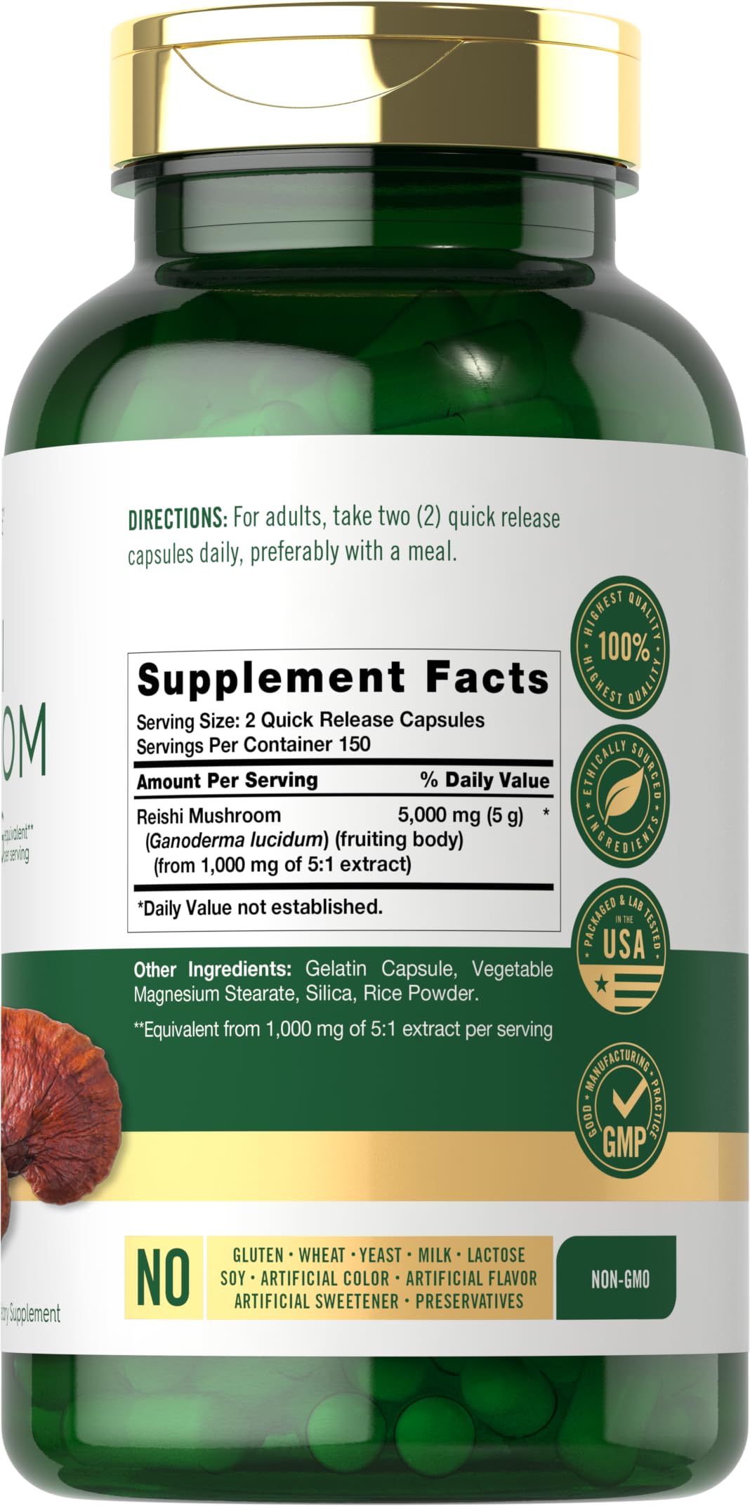 Back view of Carlyle Reishi Mushroom supplement bottle