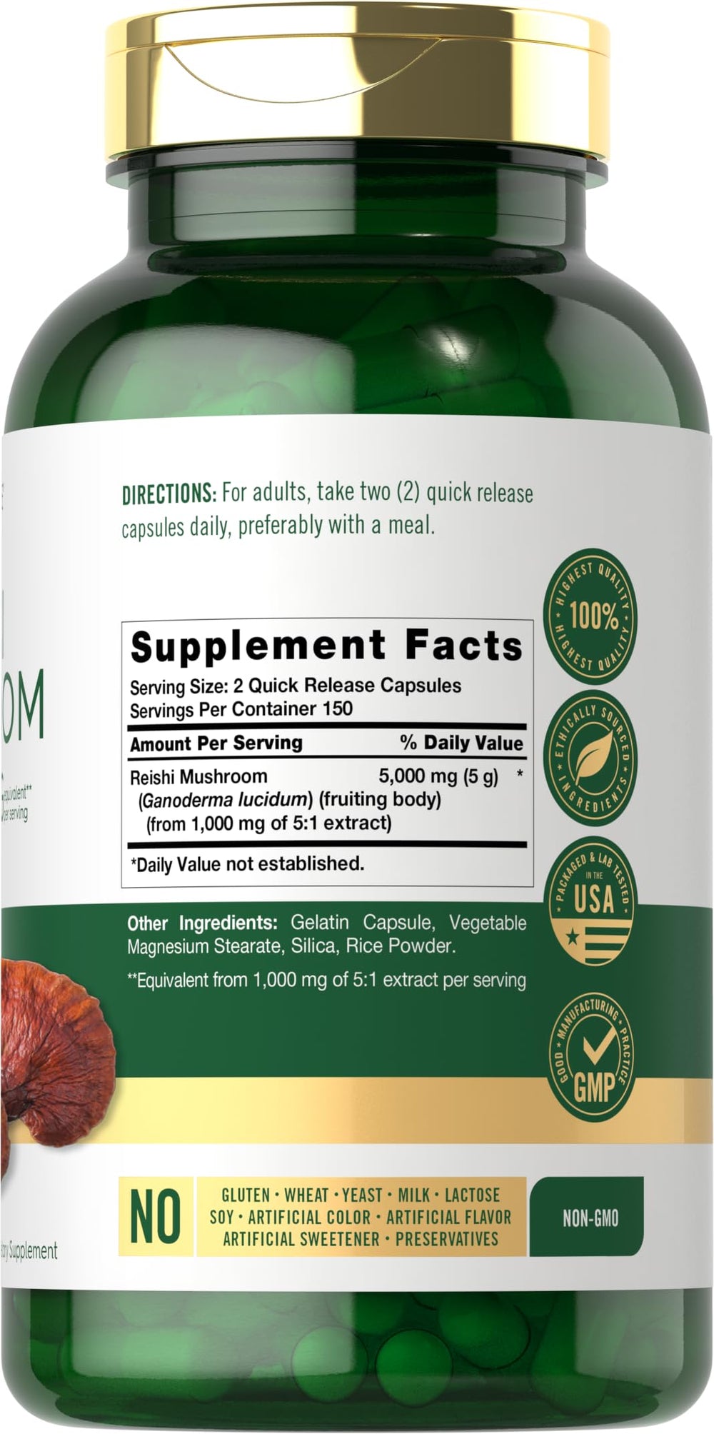 Back view of Carlyle Reishi Mushroom supplement bottle