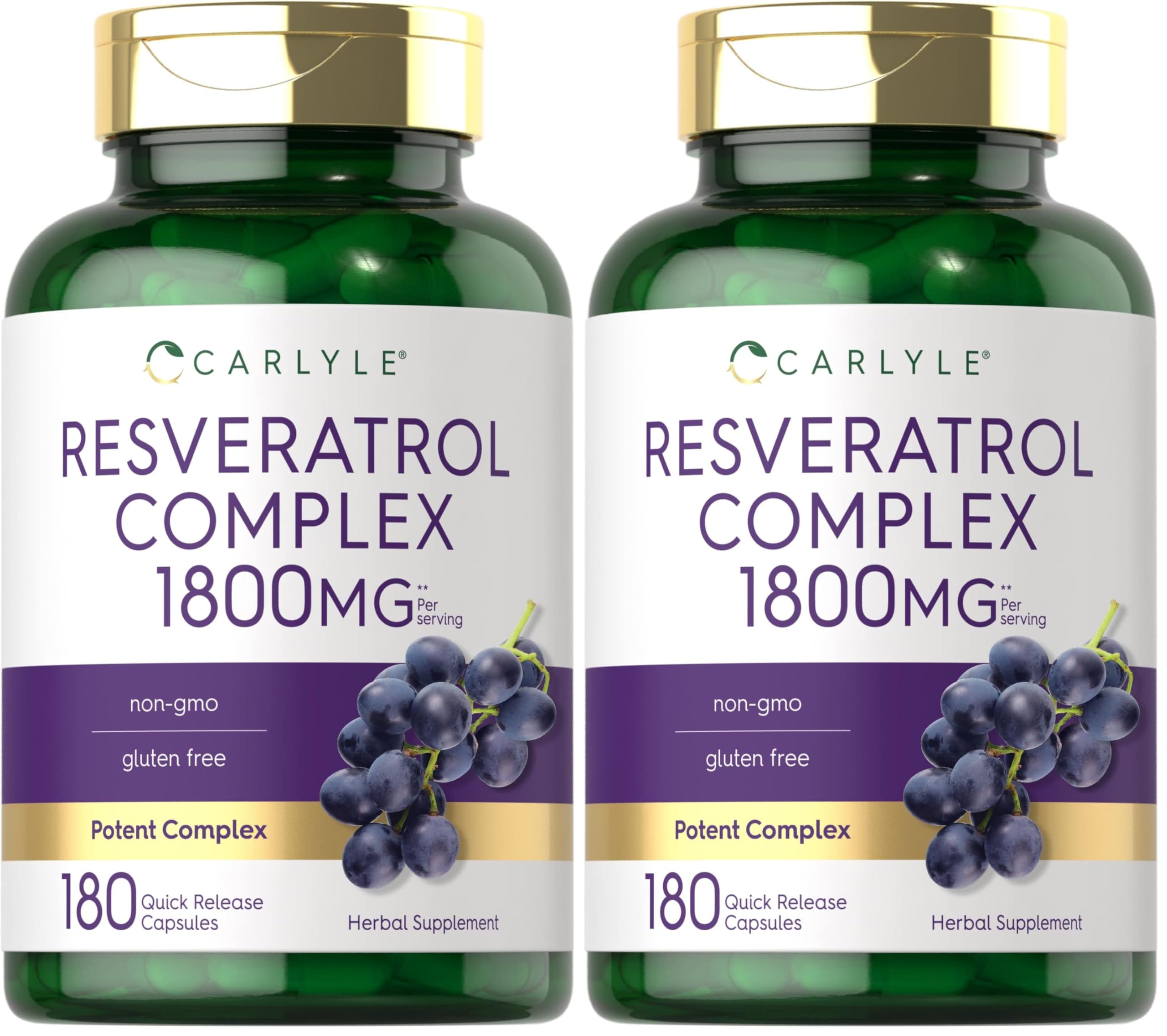 Carlyle Resveratrol 1800mg bottle with 180 capsules (Pack 2)