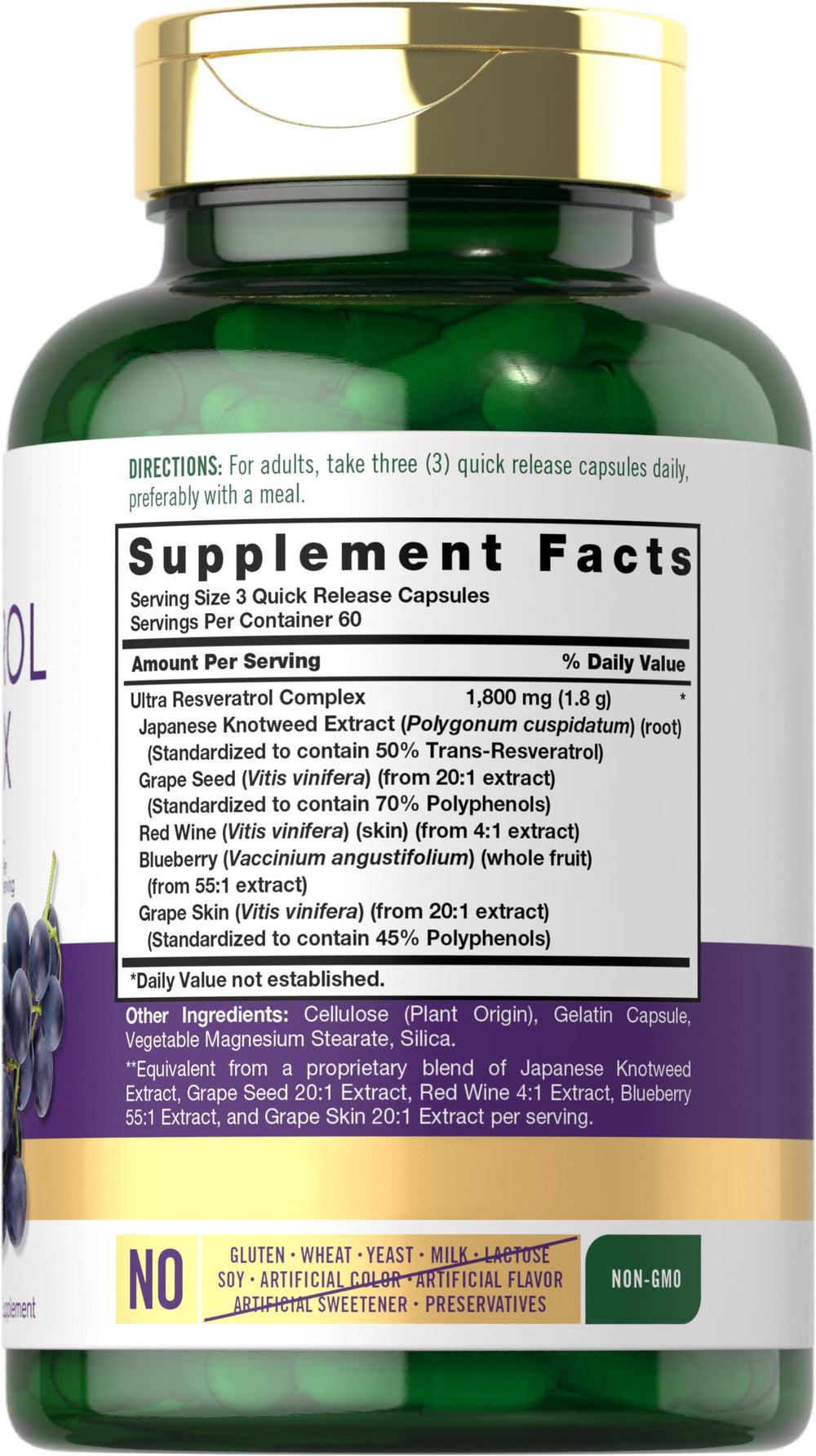 Product packaging: Carlyle Resveratrol 1800mg - 180 capsules
