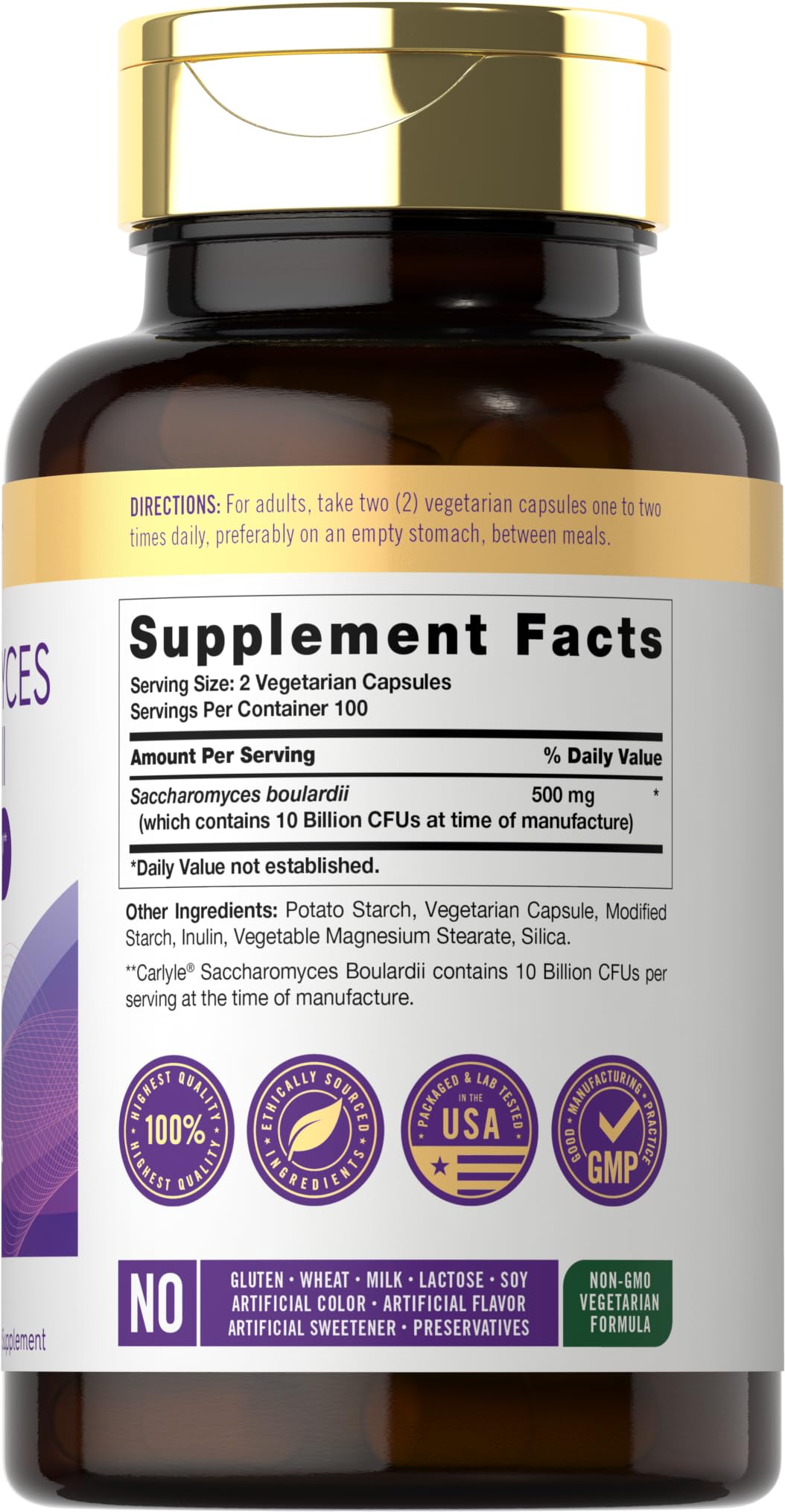 Gluten-free, lactose-free, non-GMO supplement packaging