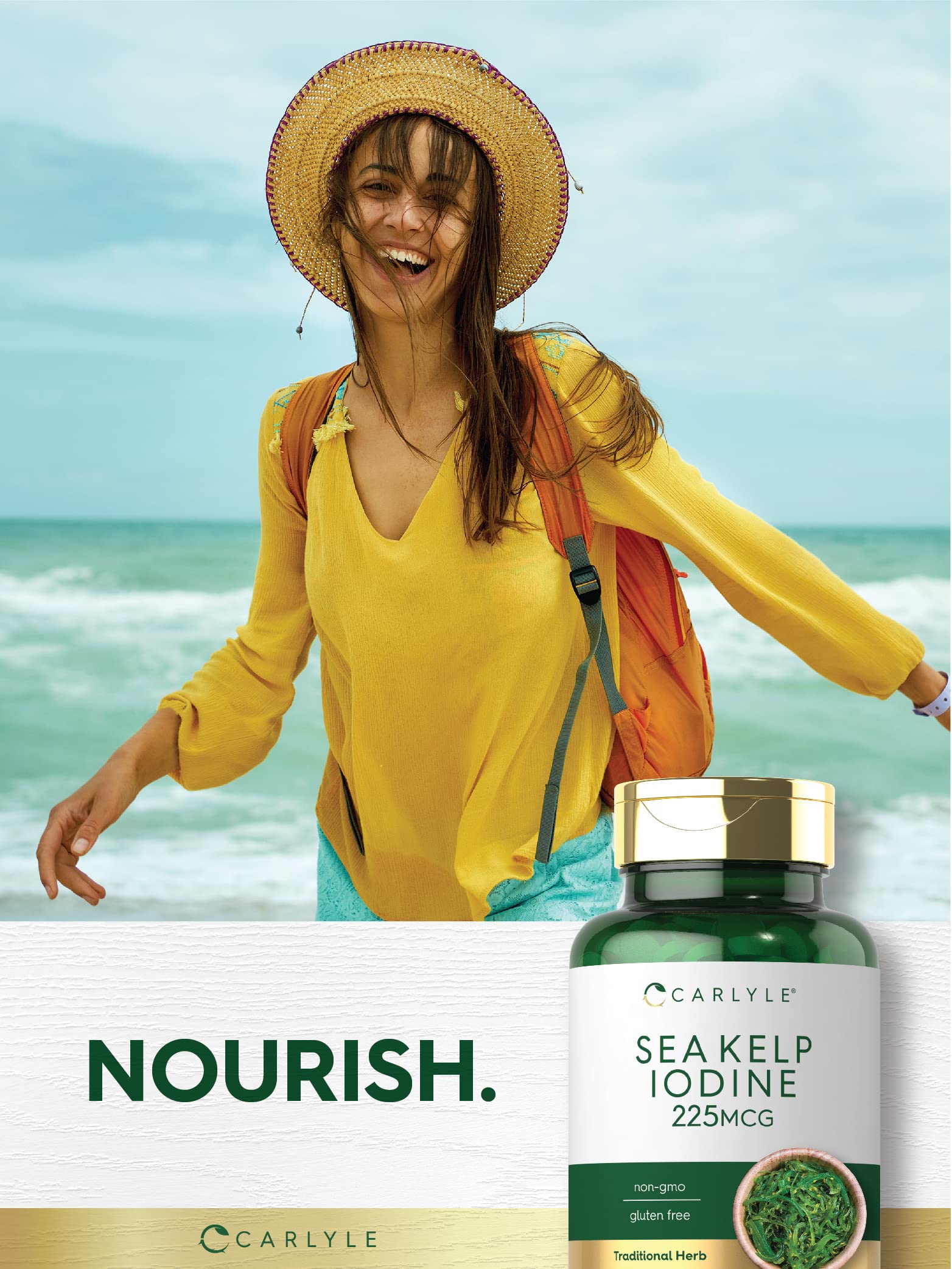 Close-up of Carlyle Sea Kelp iodine supplement bottle