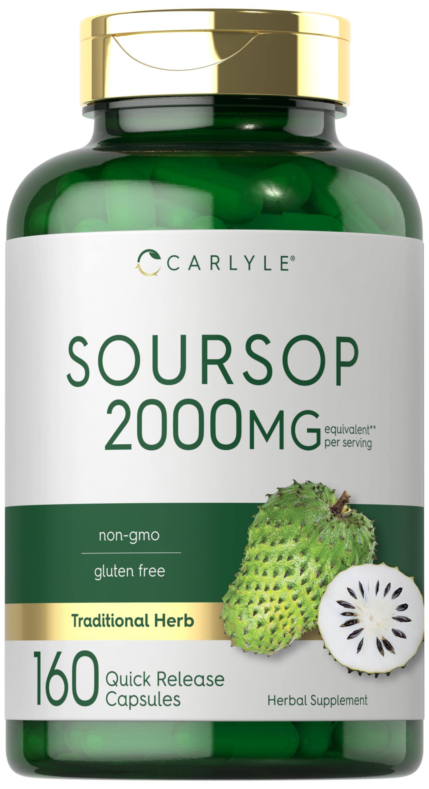 Carlyle Soursop Leaves bottle label showing 2000mg and 160 capsules