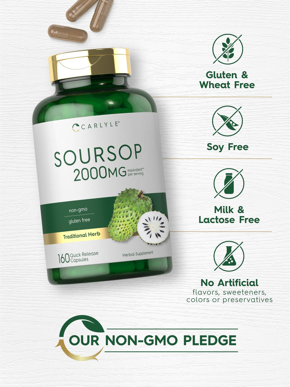 Lifestyle shot of Carlyle Soursop Leaves bottle on kitchen counter