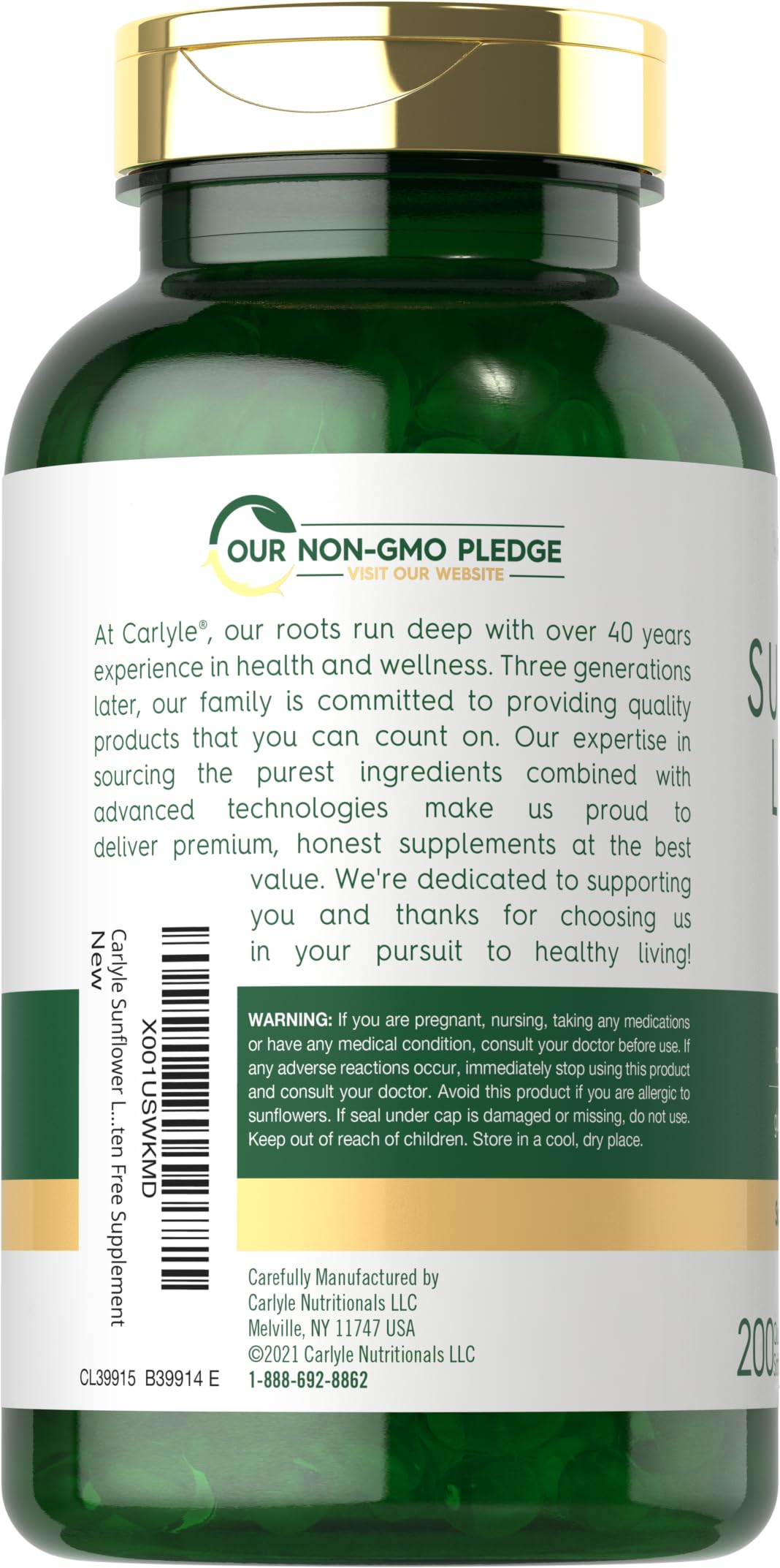 Supplement facts panel on Carlyle bottle