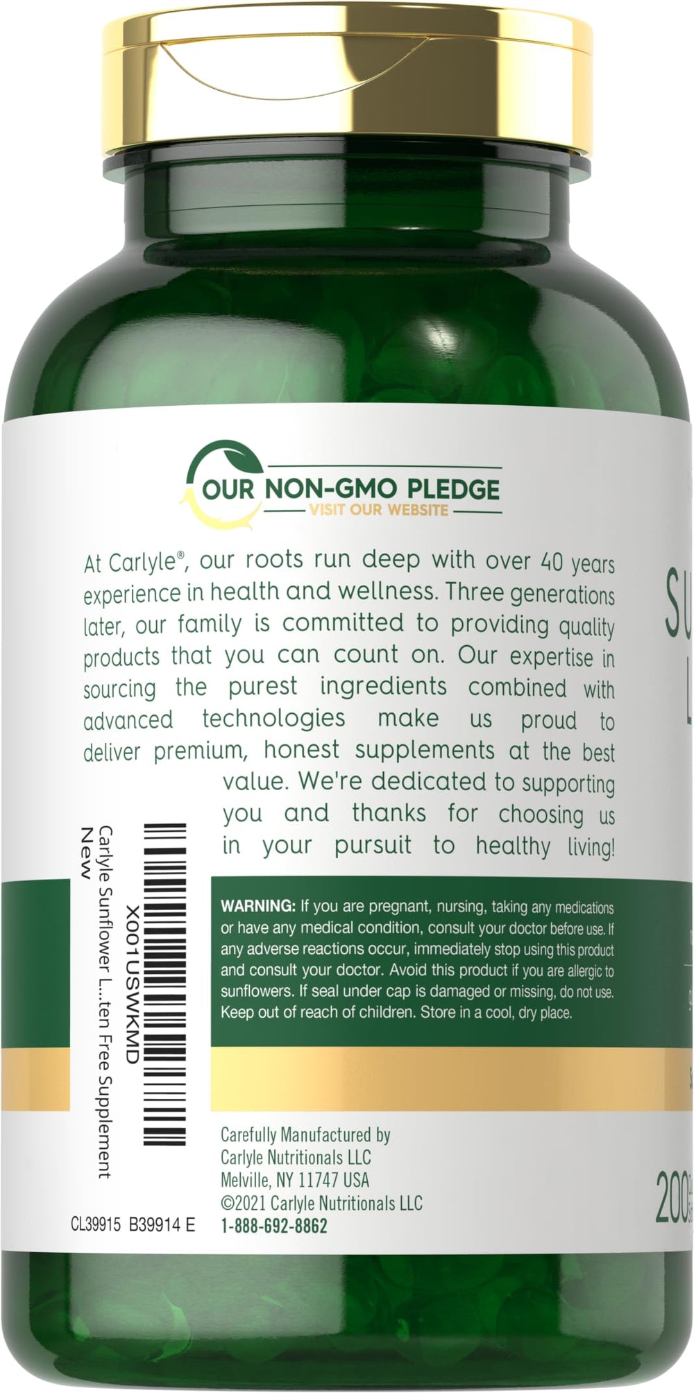 Supplement facts panel on Carlyle bottle
