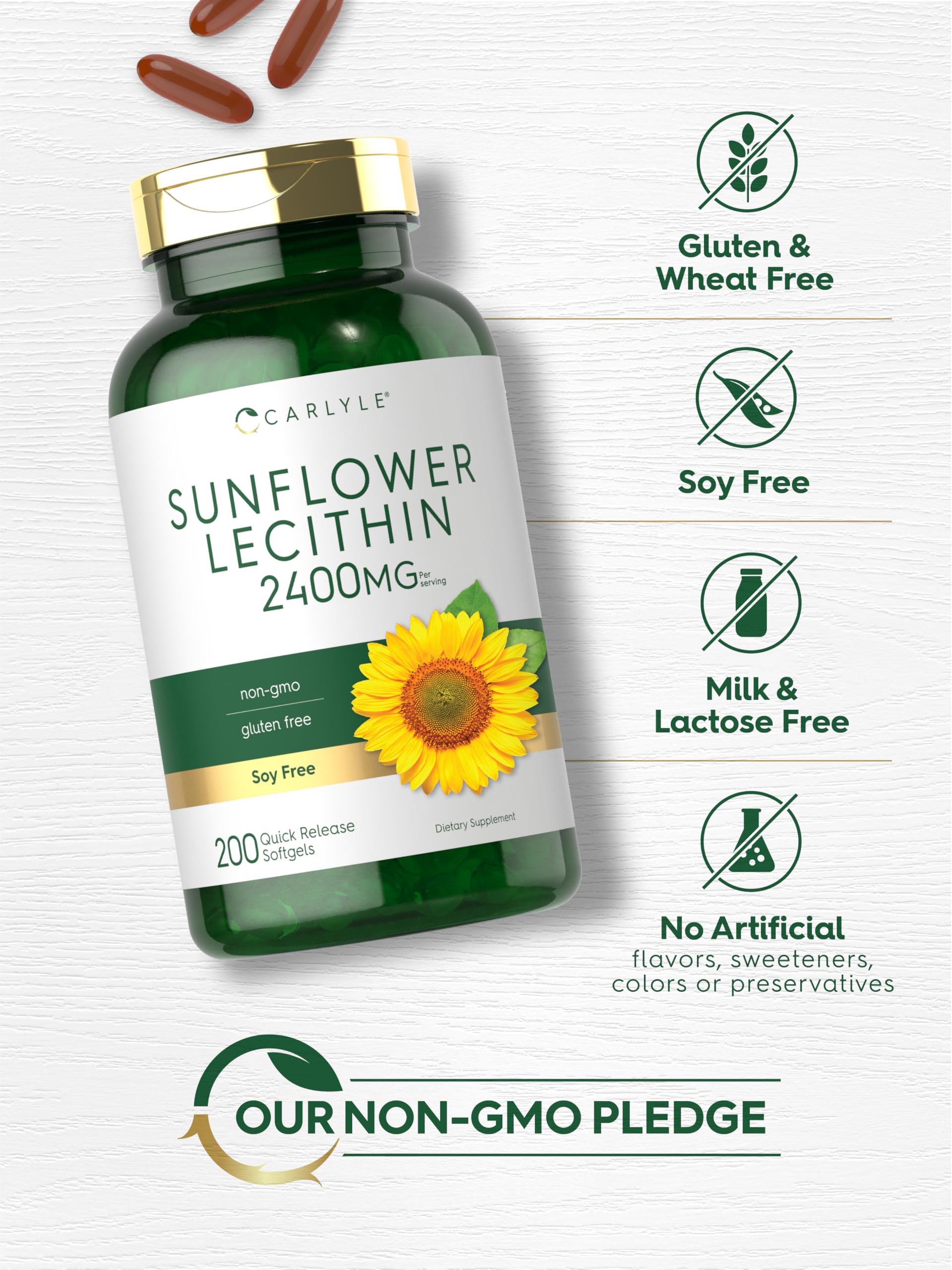 Sunflower seeds next to softgel capsules and bottle