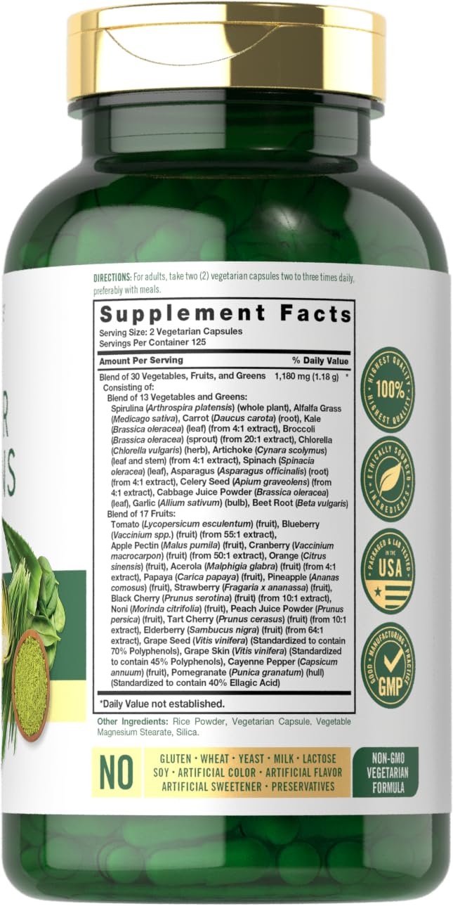 Close-up of Carlyle Super Greens label highlighting 30 vegetables, fruits and greens
