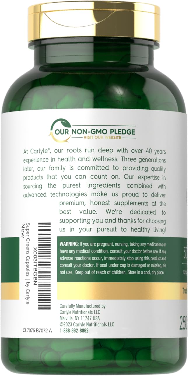 Vegetarian capsules inside Carlyle Super Greens bottle