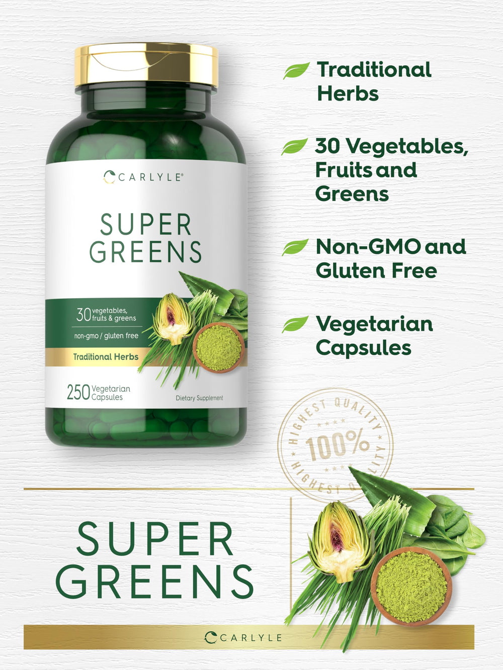 Bottle cap and product packaging for Carlyle Super Greens