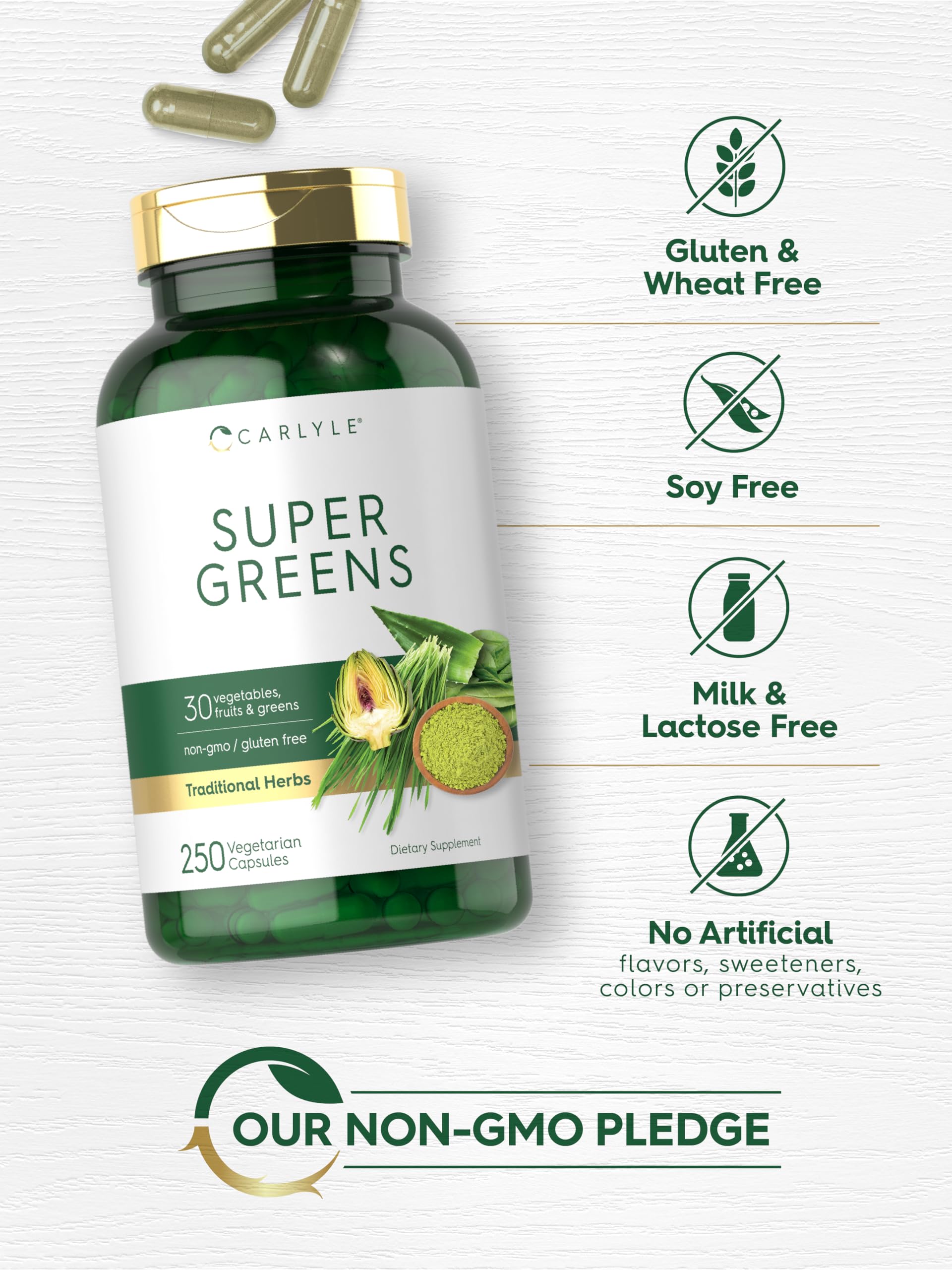 Nutrition facts panel on Carlyle Super Greens label