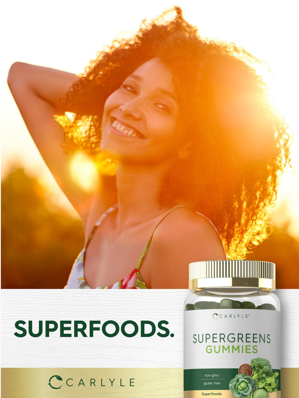 Side view of Carlyle Supergreens Gummies bottle