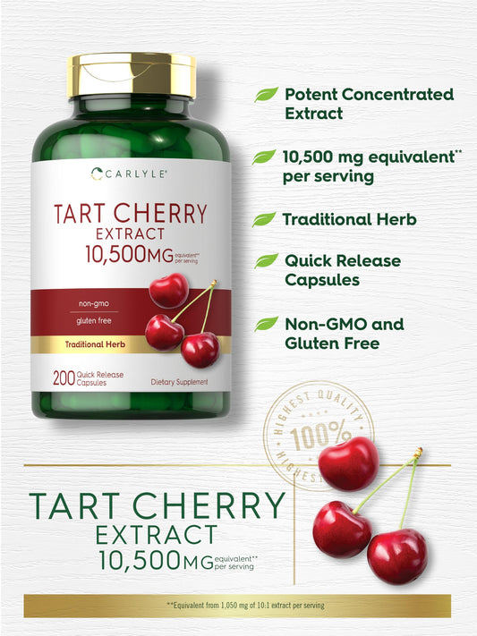 Close-up of Tart Cherry Capsules bottle label showing 10,500 mg total