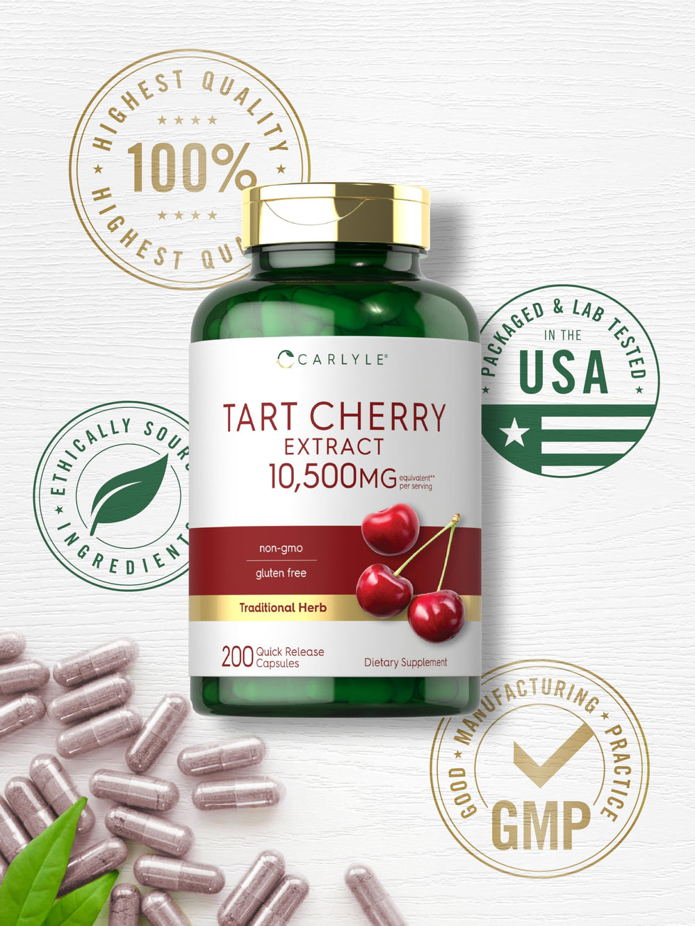 Non-GMO Carlyle Tart Cherry Capsules shown on label.
