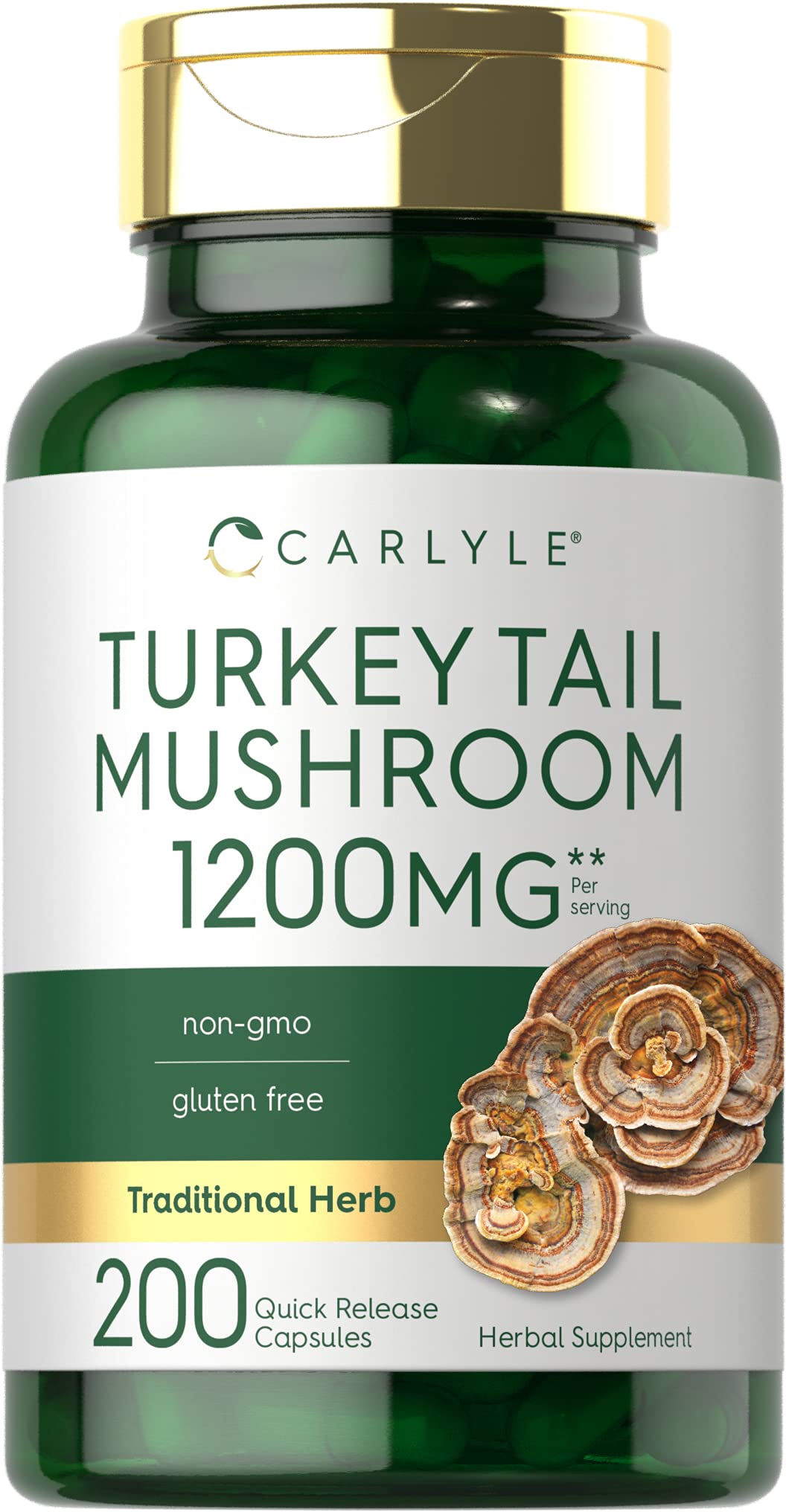 Carlyle Turkey Tail Mushroom Capsules bottle showing 1200mg per serving