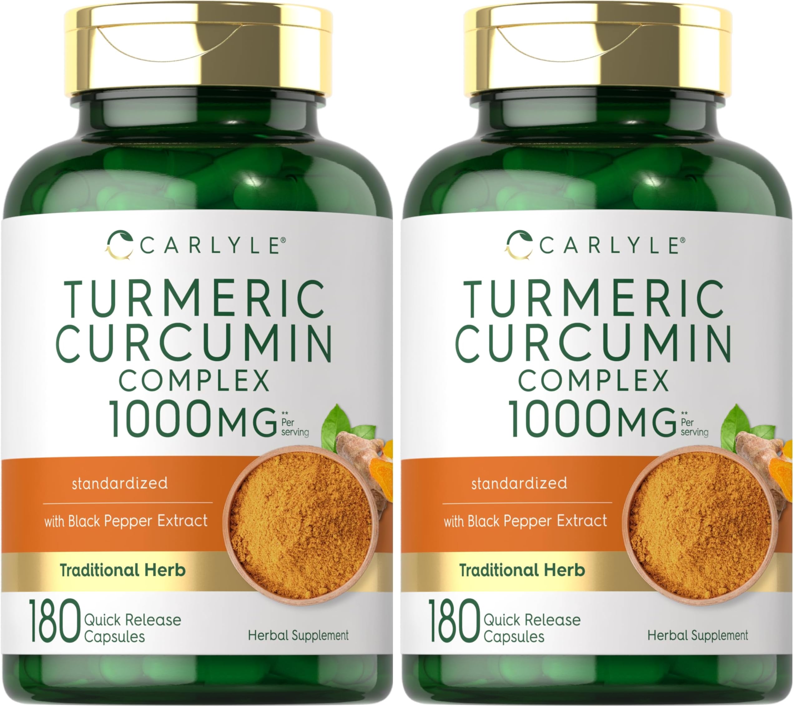 Carlyle Turmeric Curcumin 1000mg with Black Pepper capsules, 180-count per pack (Pack of 2)
