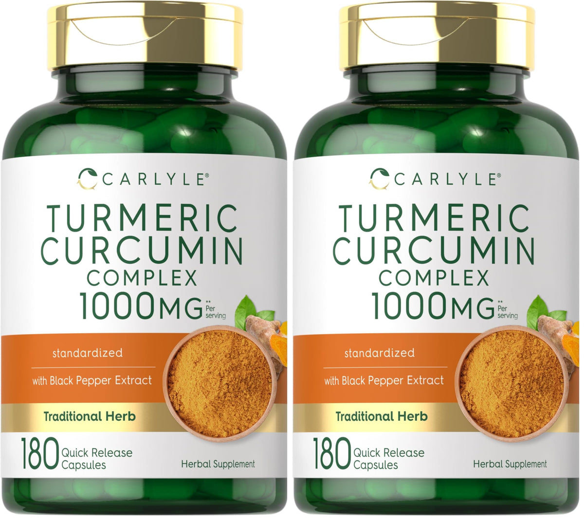 Carlyle Turmeric Curcumin 1000mg with Black Pepper capsules, 180-count per pack (Pack of 2)