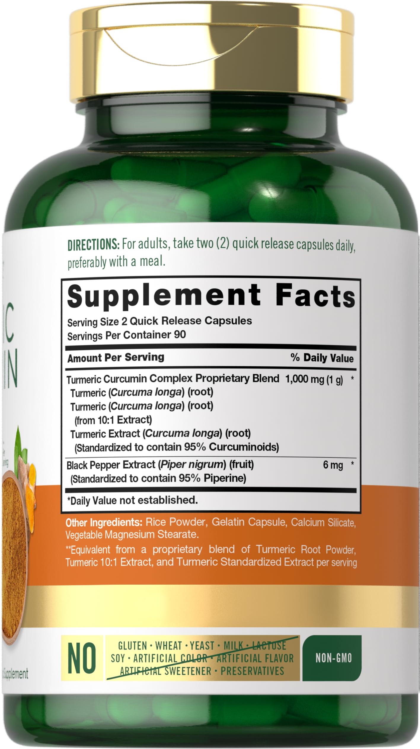 Ingredient label highlighting standardized formula with turmeric root and black pepper extract