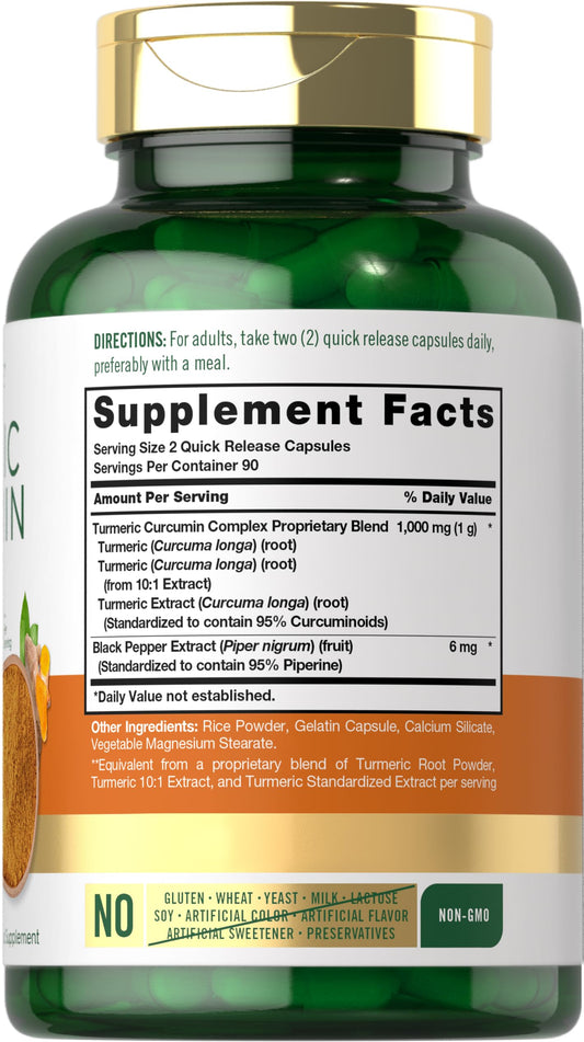 Ingredient label highlighting standardized formula with turmeric root and black pepper extract