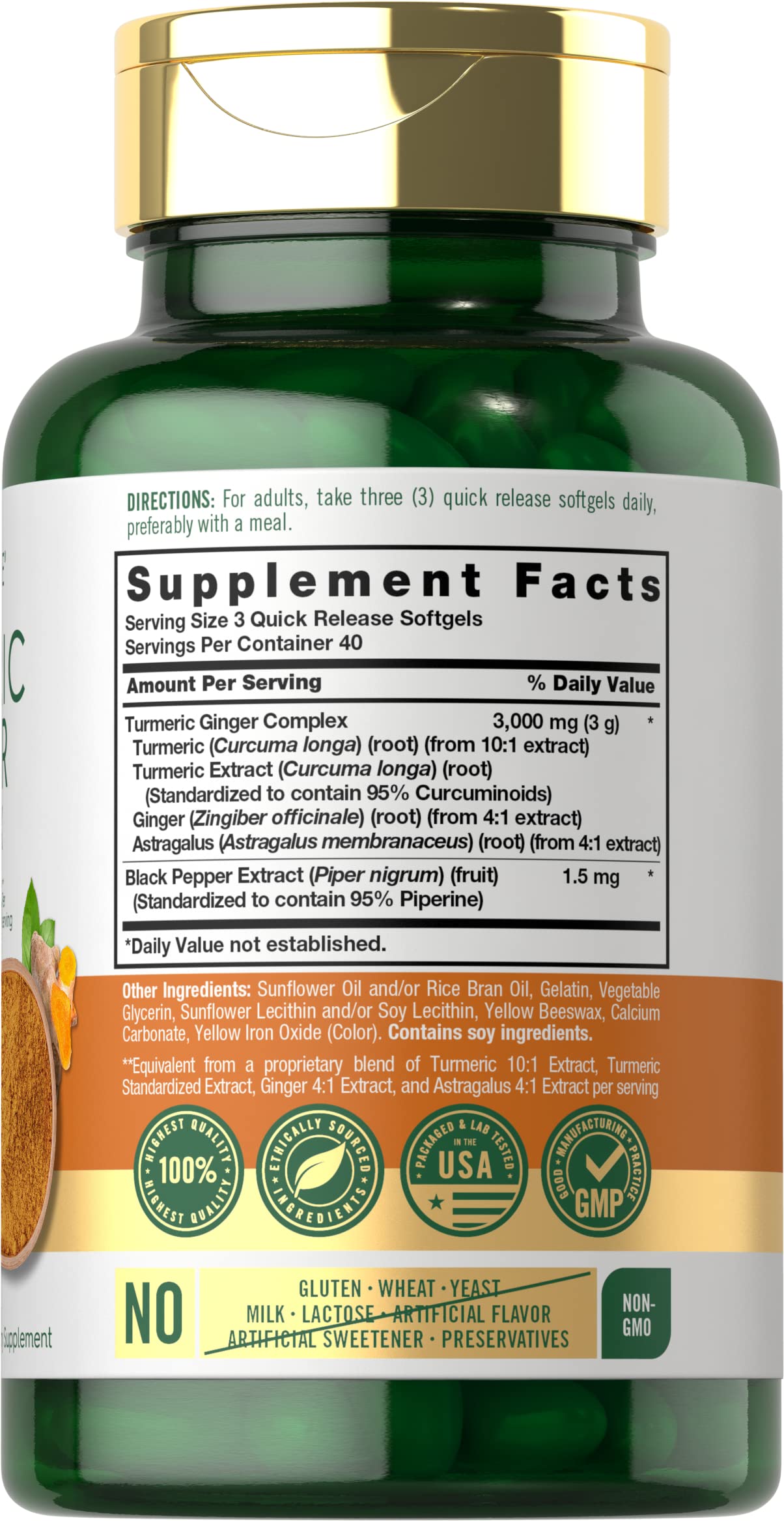 Close-up of Carlyle Turmeric Ginger 3000 mg Softgels on bottle label