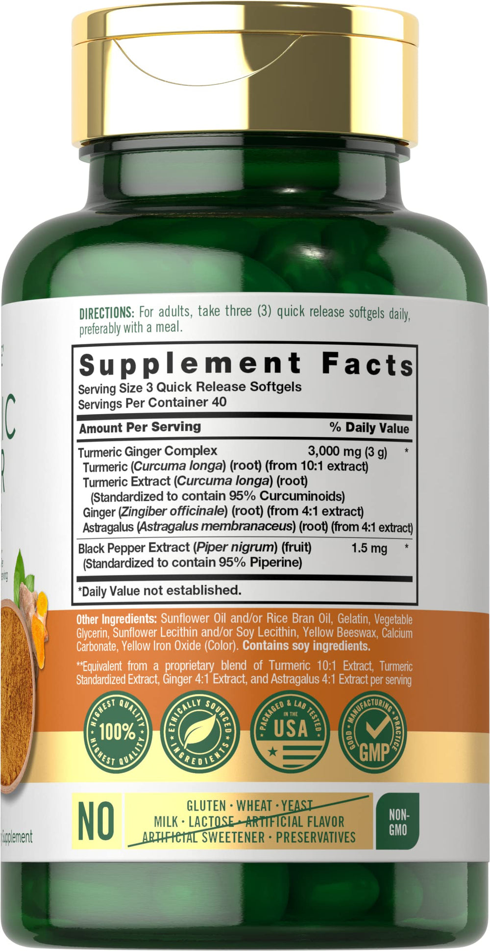 Close-up of Carlyle Turmeric Ginger 3000 mg Softgels on bottle label