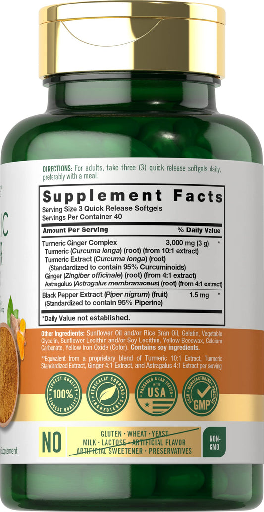 Close-up of Carlyle Turmeric Ginger 3000 mg Softgels on bottle label