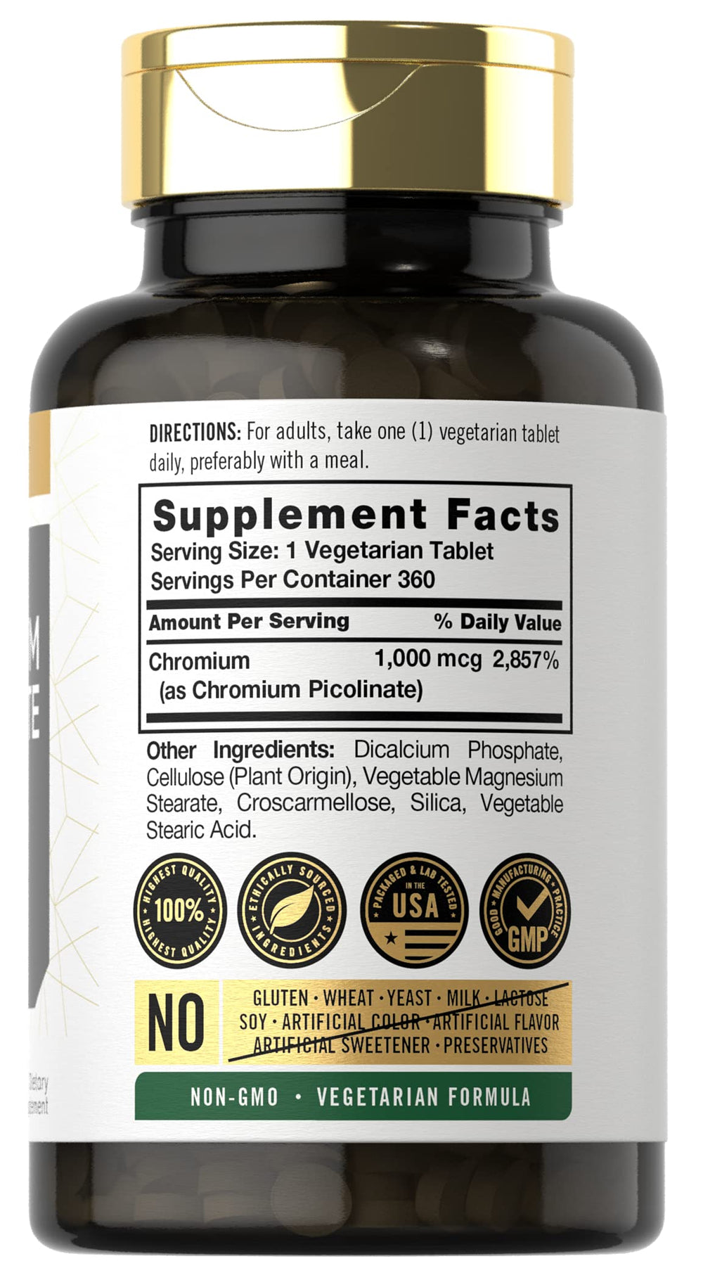 Close-up of Carlyle label on Chromium Picolinate bottle