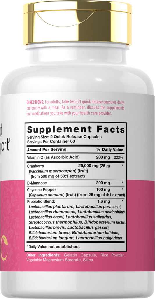 Label on Carlyle Urinary Tract Health for Women bottle showing D-Mannose, Cranberry & Probiotics