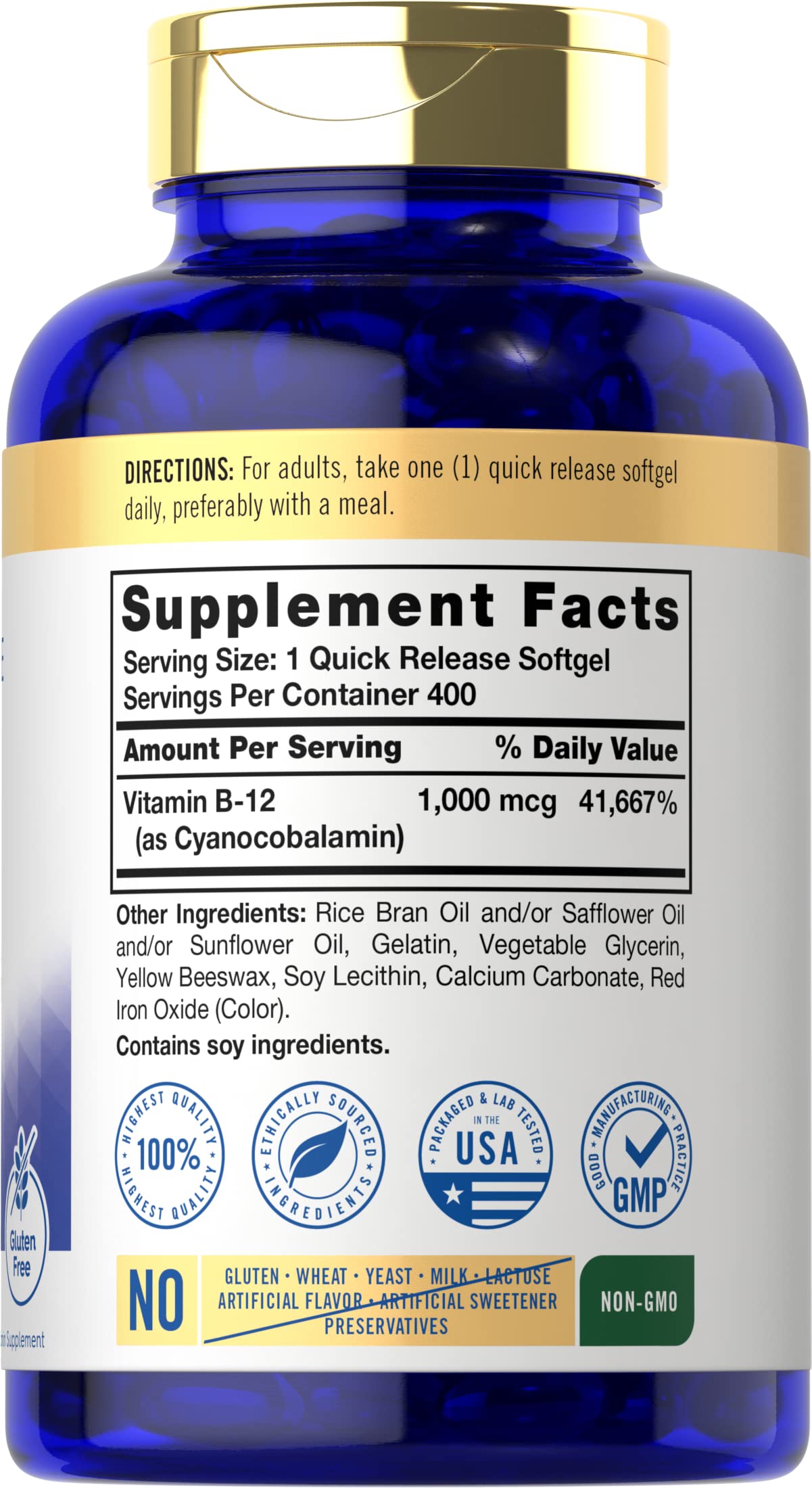 Back label of Carlyle Vitamin B12 1000 mcg Absorbable Softgels