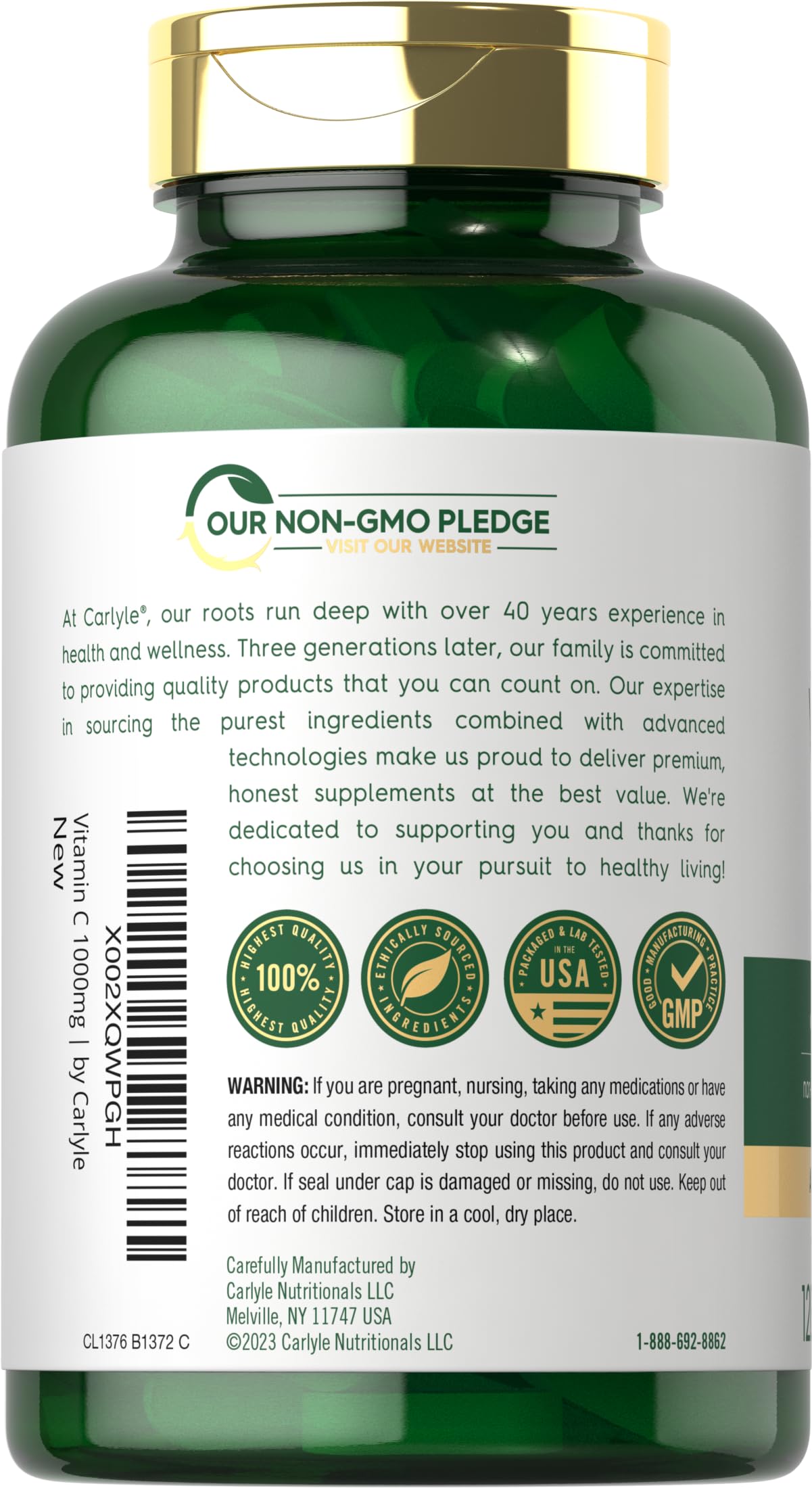 Nutrition label for Carlyle Vitamin C 1000mg