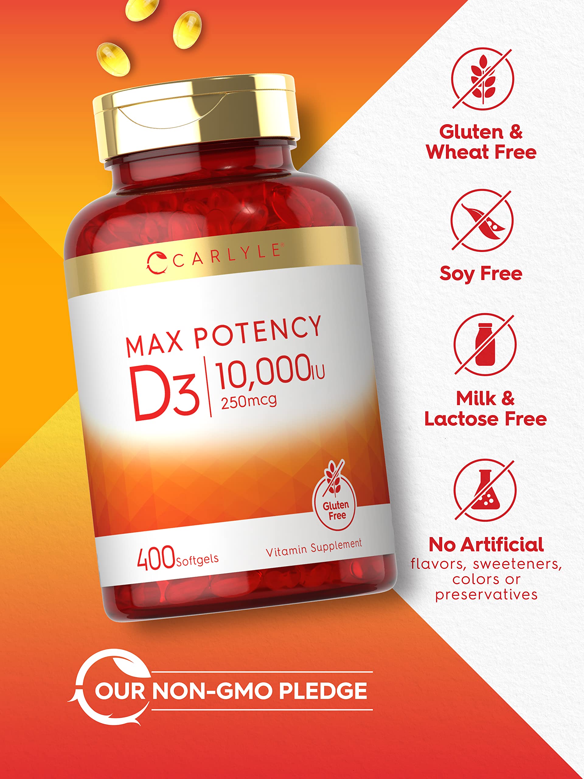 Supplement facts panel for Carlyle Vitamin D3 10,000 IU