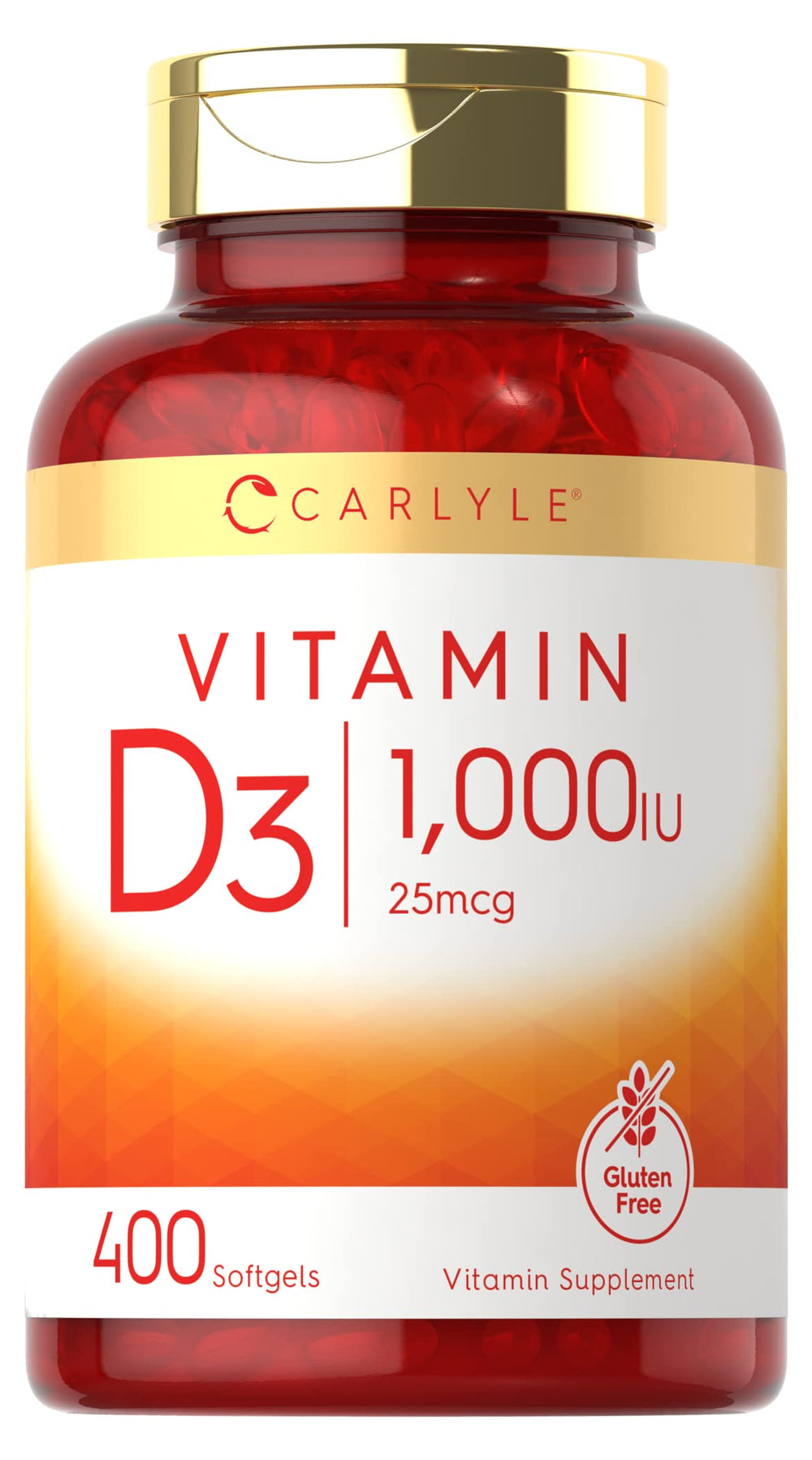 Carlyle Vitamin D3 1000IU bottle with 400 softgels