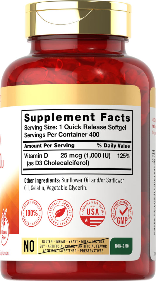 Front label of Carlyle Vitamin D3 1000IU 400 softgels