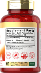 Front label of Carlyle Vitamin D3 1000IU 400 softgels