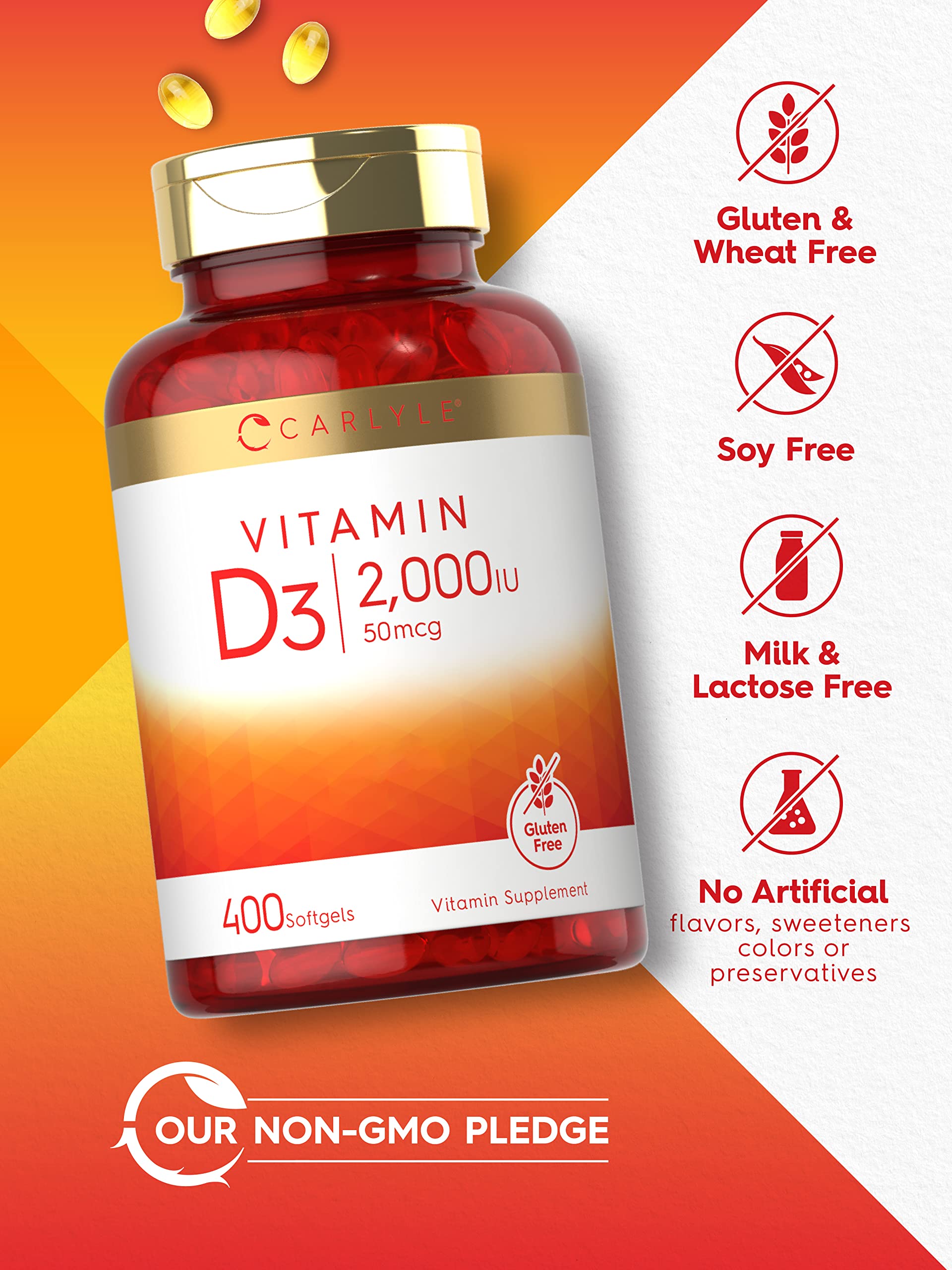 Close-up of Carlyle Vitamin D3 2000IU softgel capsule (50 mcg per softgel)