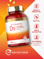 Close-up of Carlyle Vitamin D3 2000IU softgel capsule (50 mcg per softgel)