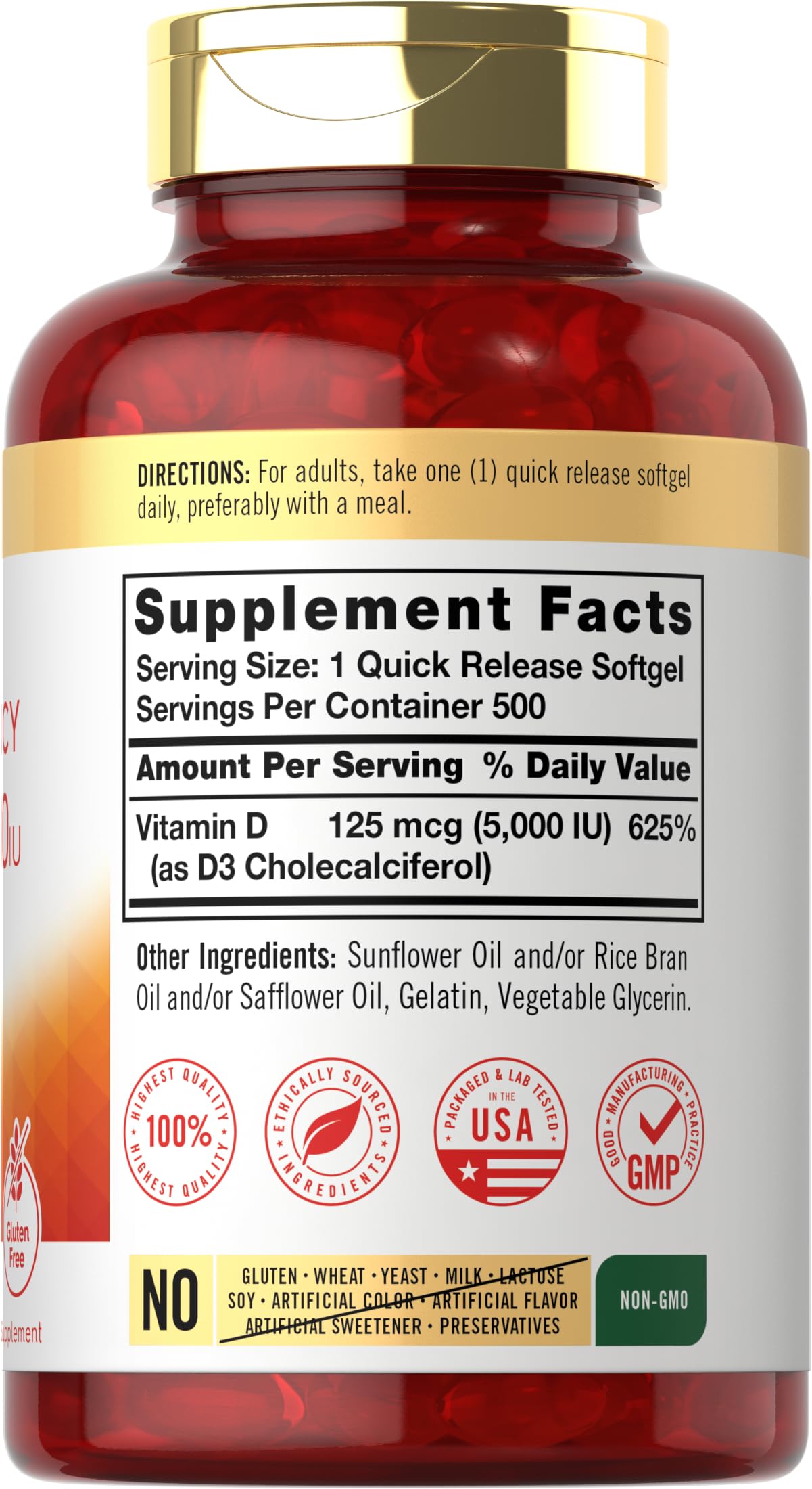 Close up of Carlyle Vitamin D3 5000 IU softgels