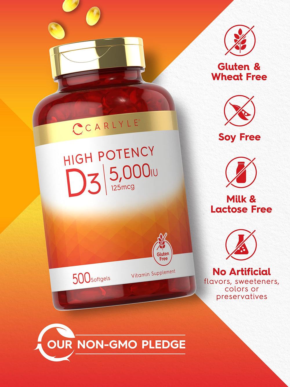 Non-GMO and gluten free label on Carlyle D3 bottle