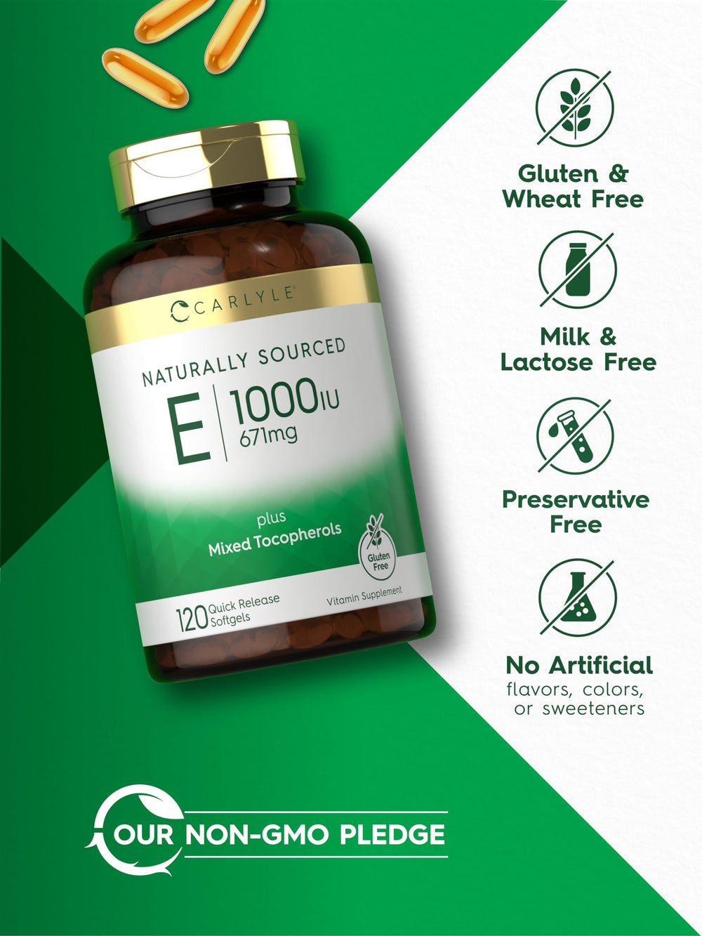 Carlyle Vitamin E 1000 IU bottle beside packaging