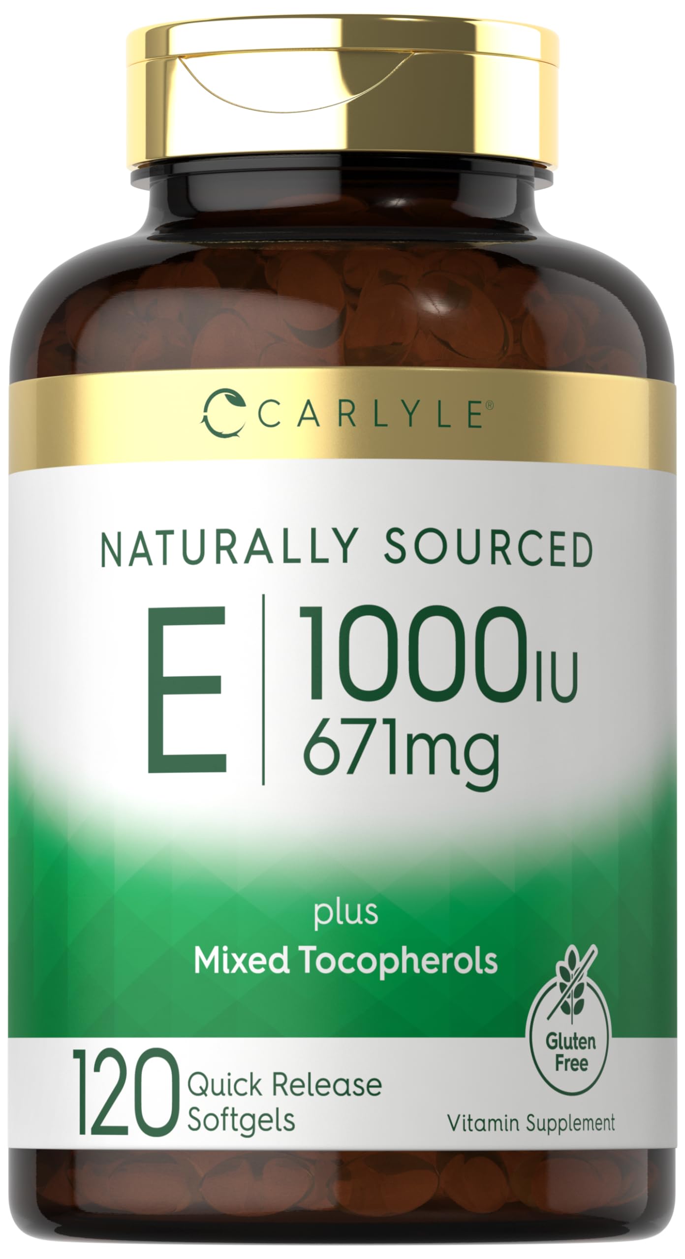 Carlyle Vitamin E 1000 IU Softgels bottle label with mixed tocopherols