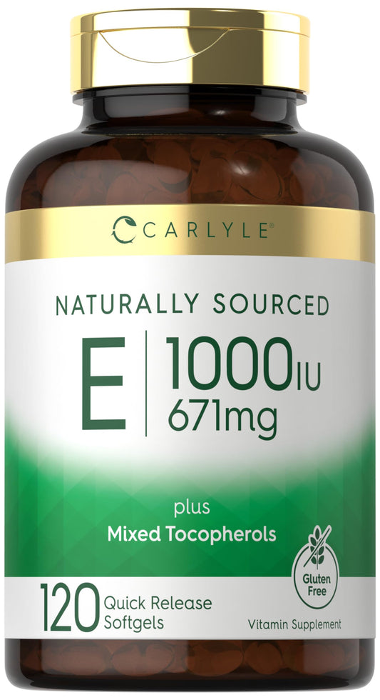 Carlyle Vitamin E 1000 IU Softgels bottle label with mixed tocopherols