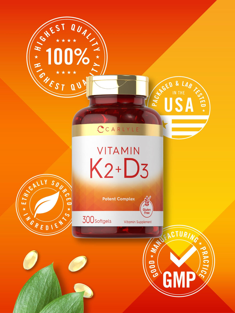 Gluten-free and Non-GMO statement on Carlyle Vitamin K2 D3 pack