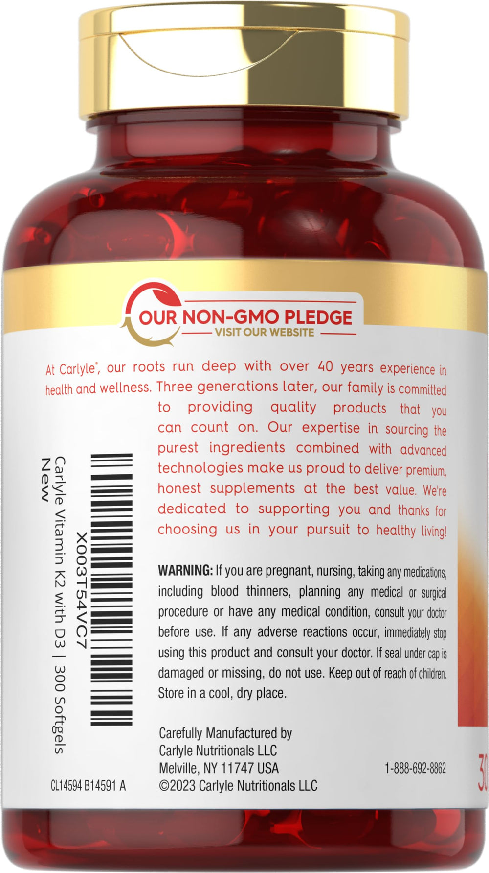 Nutrition facts for Carlyle K2 D3 300 Softgels