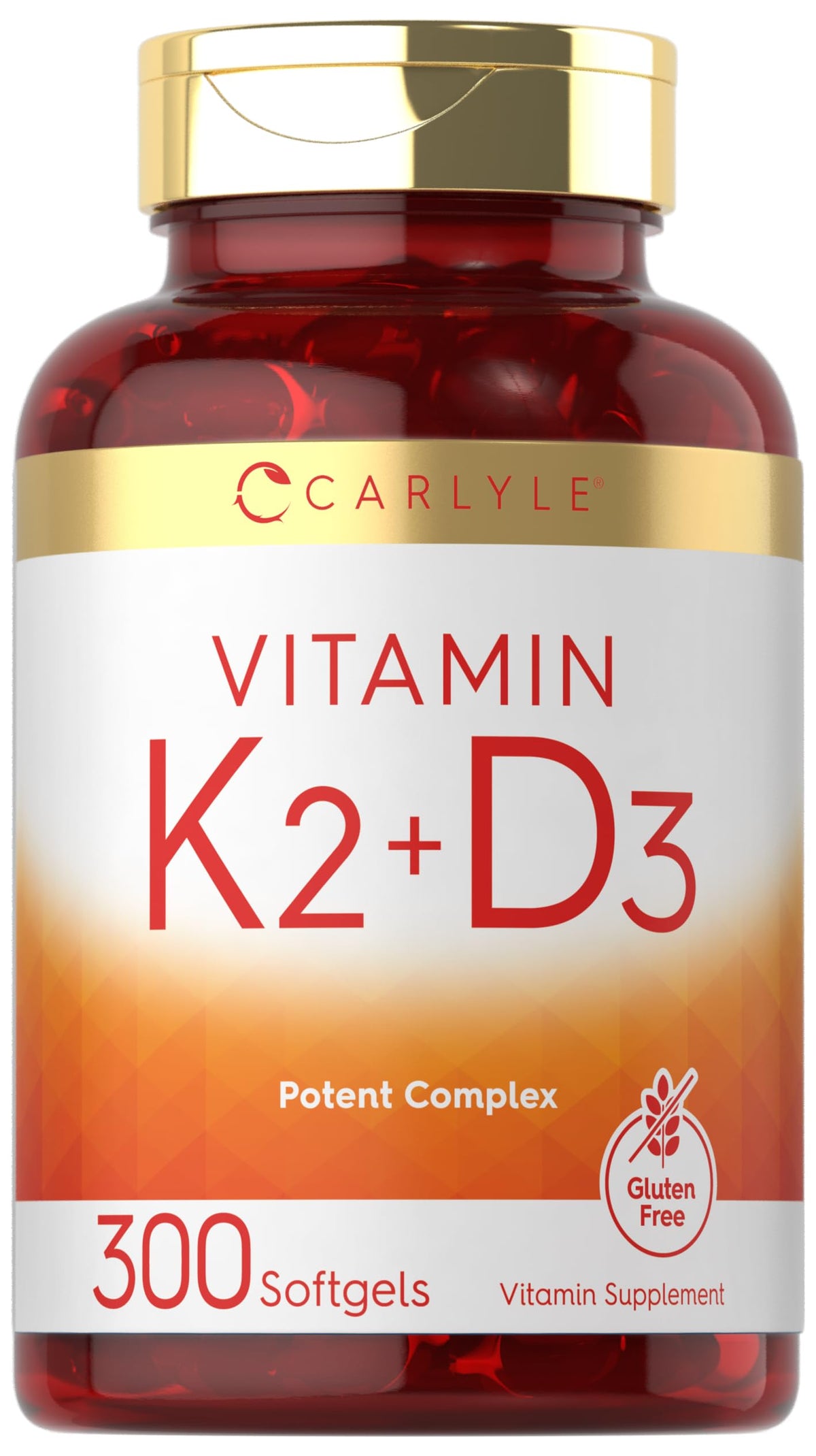 Front view of Carlyle Vitamin K2 D3 300-softgel bottle