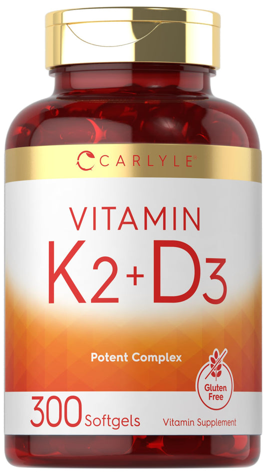 Front view of Carlyle Vitamin K2 D3 300-softgel bottle