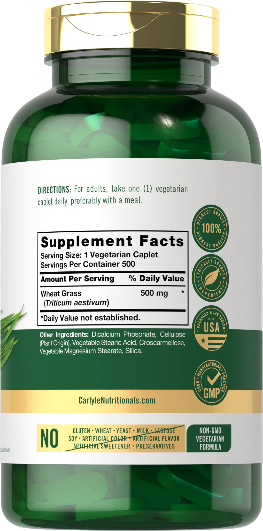 Close-up of Carlyle Wheat Grass 500 mg vegetarian caplets