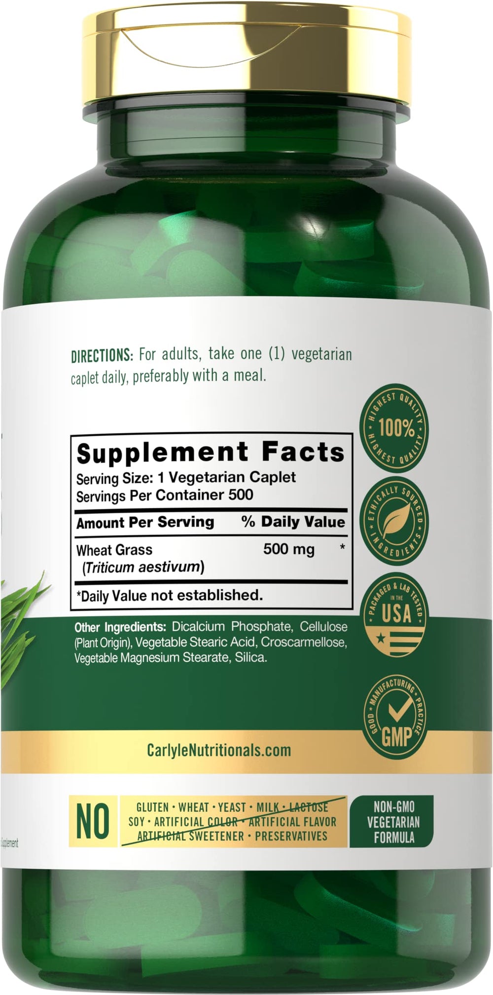 Close-up of Carlyle Wheat Grass 500 mg vegetarian caplets