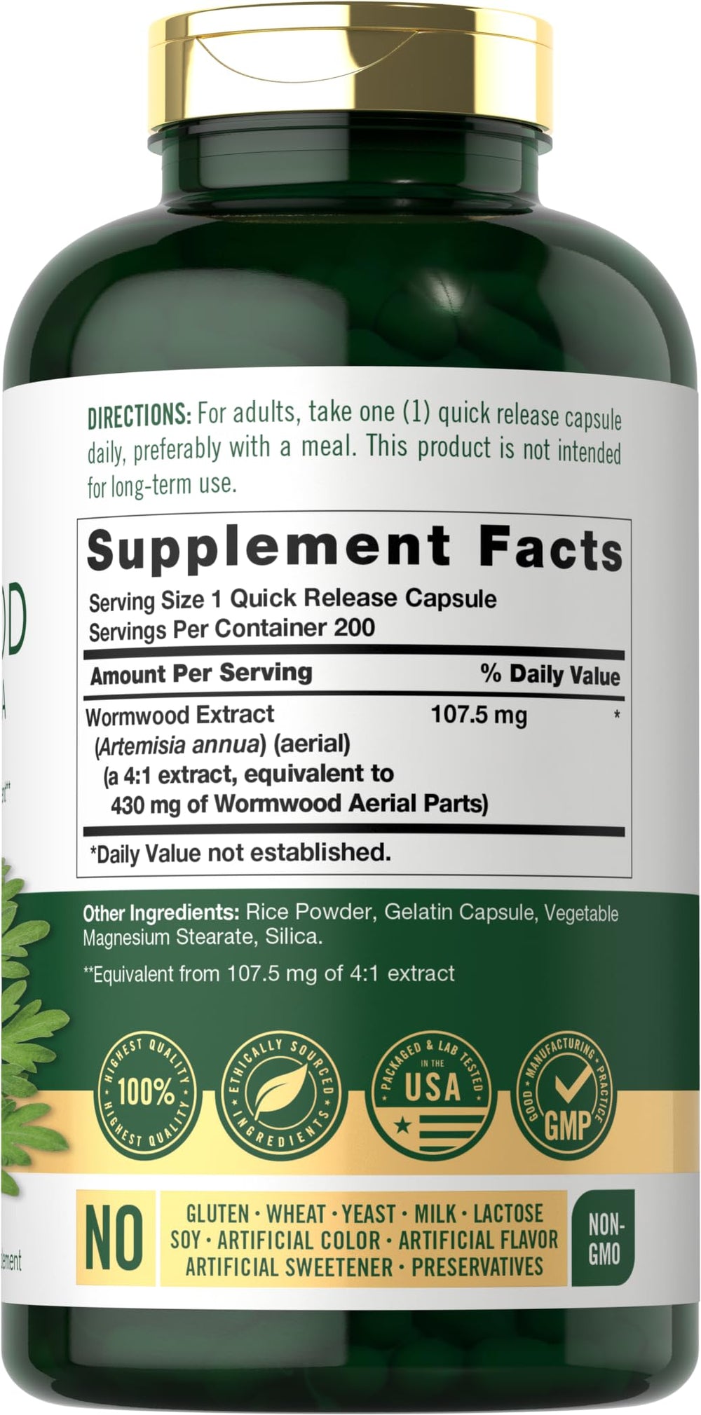 Carlyle Wormwood capsules back label showing supplement facts