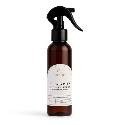 Carnatia Eucalyptus Shower Spray bottle ready for spa-like refreshing aroma.